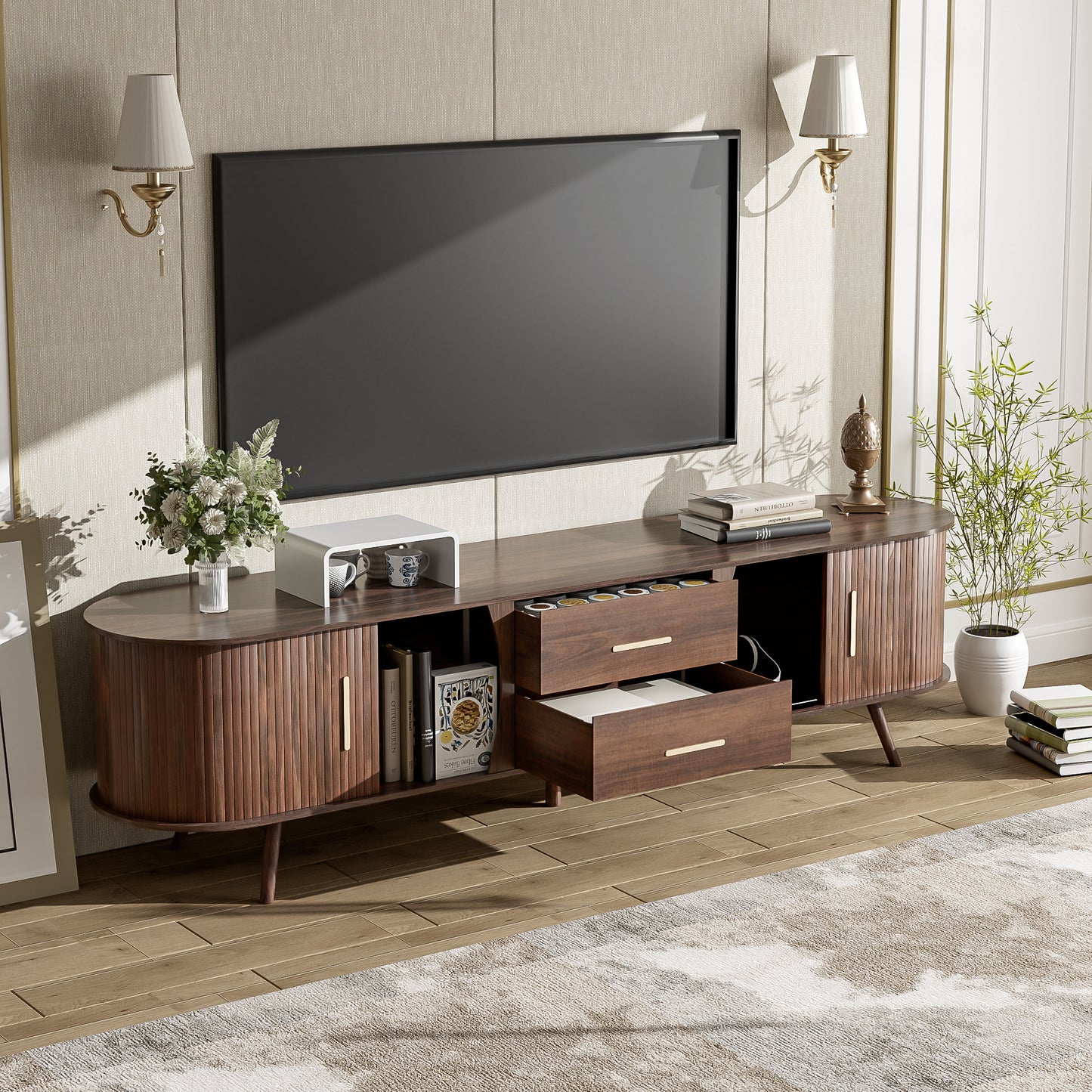 The "Horizon Oval" 71" Mid-Century Console | Solid Wood Leg Media Center with Space-Saving Sliding Doors
