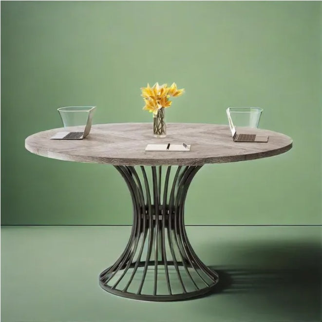 Modern Round Pedestal Dining Table - 47" Mid-Century Style Wood Grain Top with Sculptural Base
