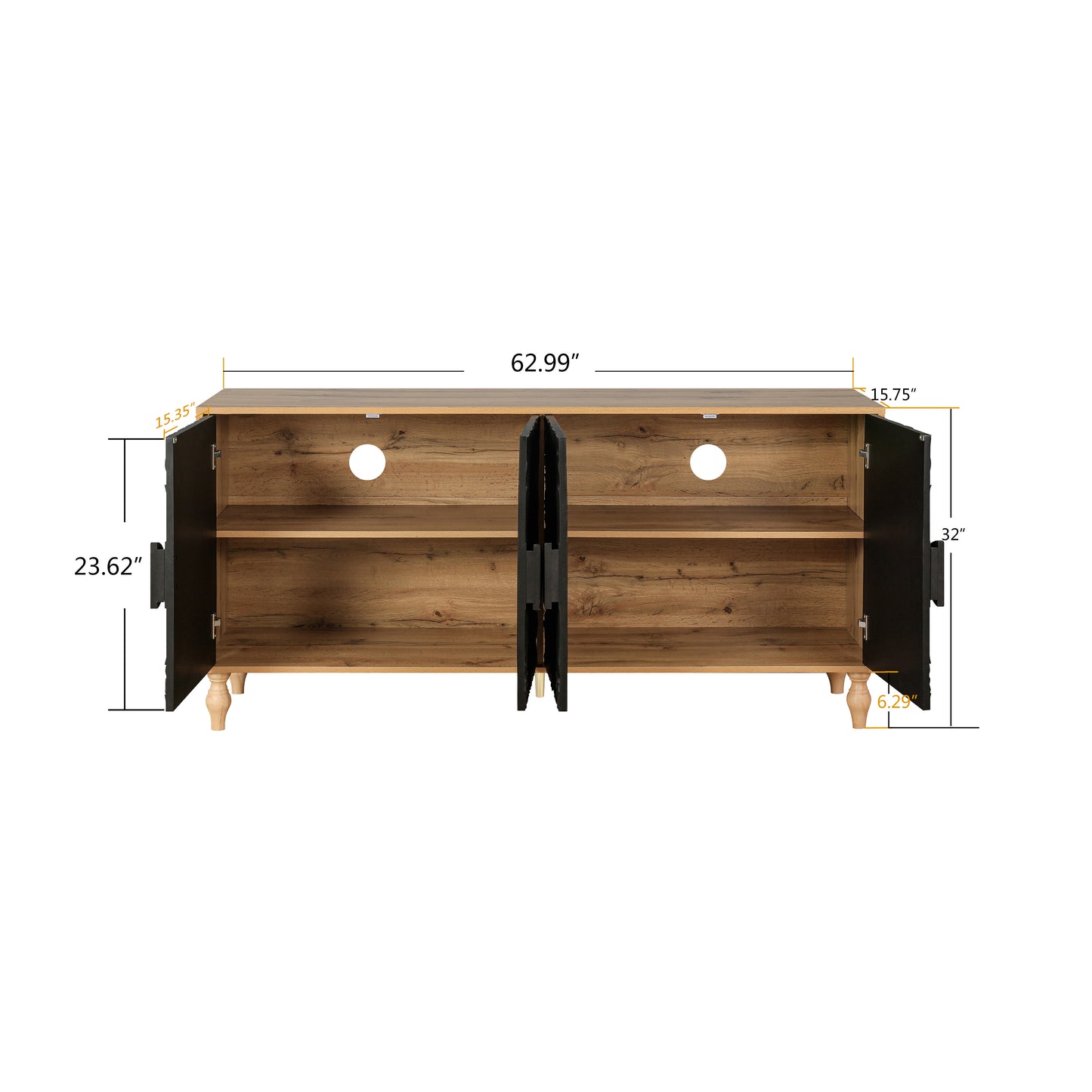 Natural Wood TV Stand Cabinet with Black Carved Doors - 4 Door Storage Console | Decorative Living Room Media Cabinet