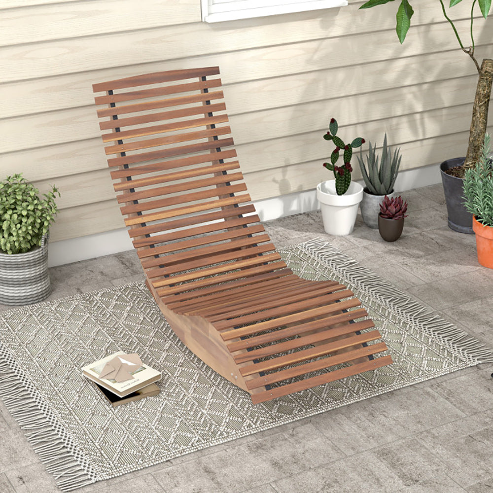 Outdoor Acacia Wood Rocking Lounge Chair - Ergonomic High Back Slatted Patio Rocker | Natural Finish Sun Lounger for Porch, Deck & Garden