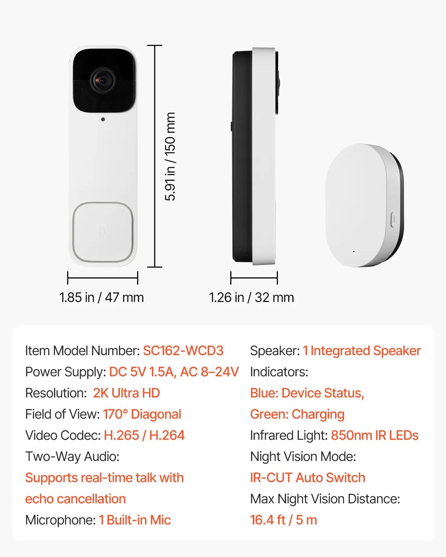 VEVOR 2K Ultra HD Wireless Video Doorbell – 170° Wide View & Smart App Control