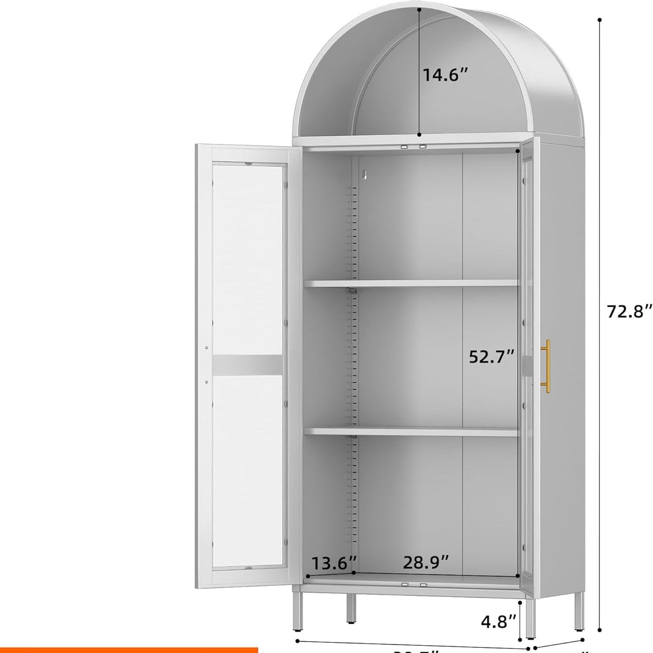 Modern Arched Storage Cabinet with Glass Doors - Tall White Display Pantry Organizer with Adjustable Shelves & Metal Frame