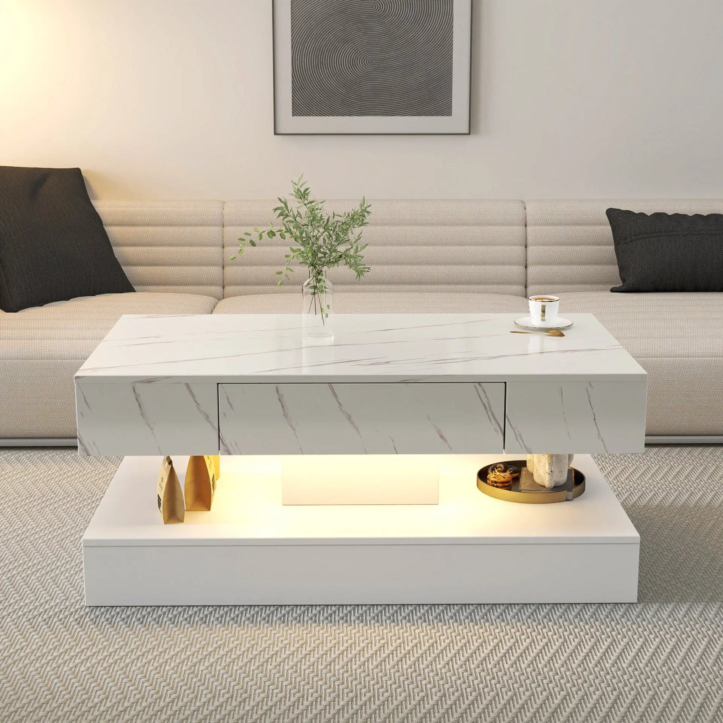 Modern Marble-Finish LED Coffee Table with Storage