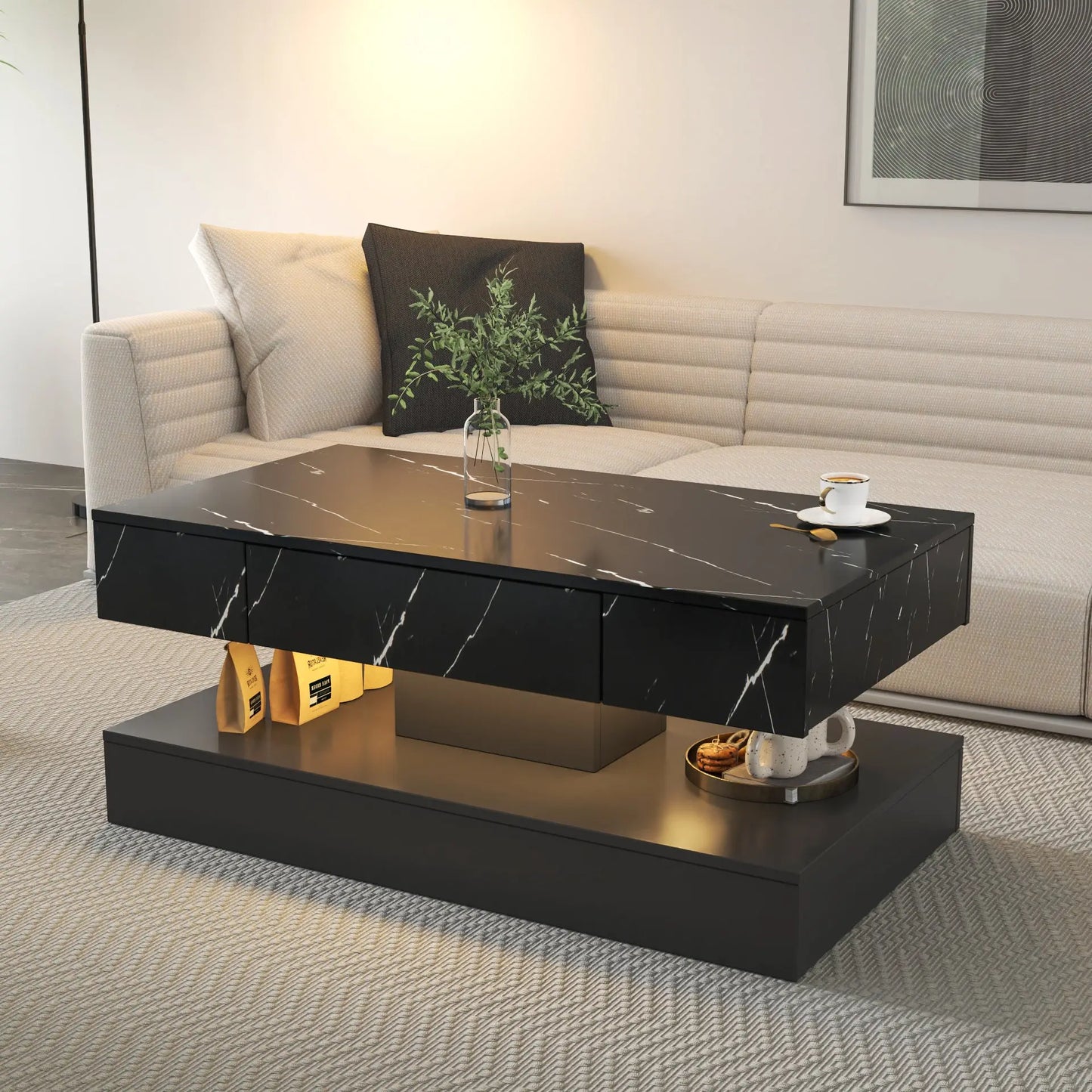 Modern Marble-Finish LED Coffee Table with Storage