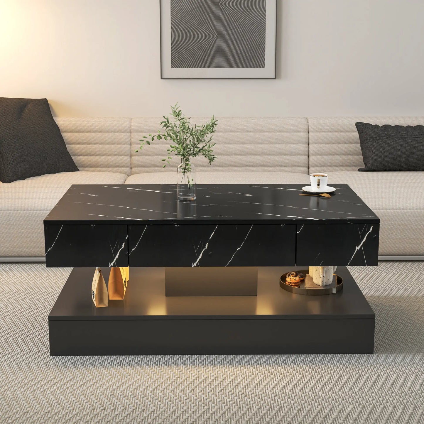 Modern Marble-Finish LED Coffee Table with Storage