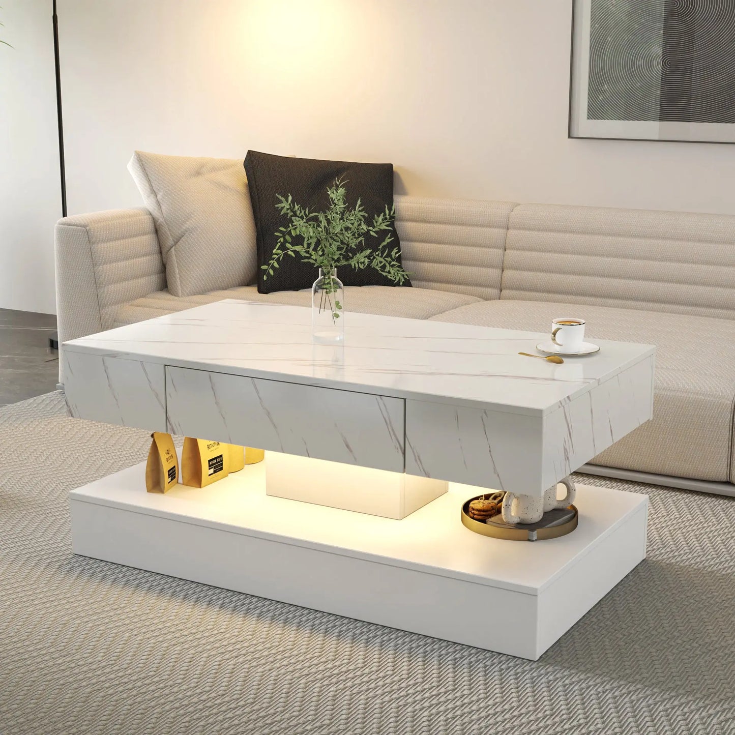 Modern Marble-Finish LED Coffee Table with Storage