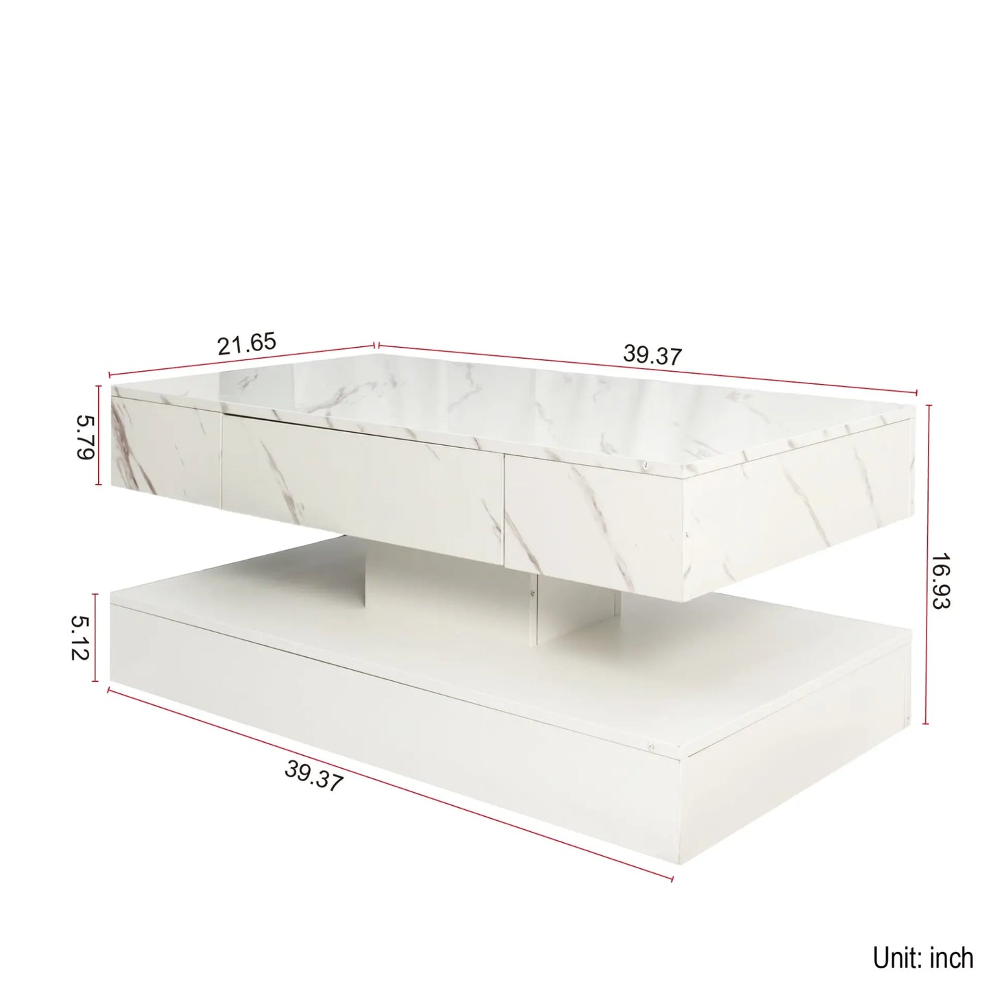 Modern Marble-Finish LED Coffee Table with Storage