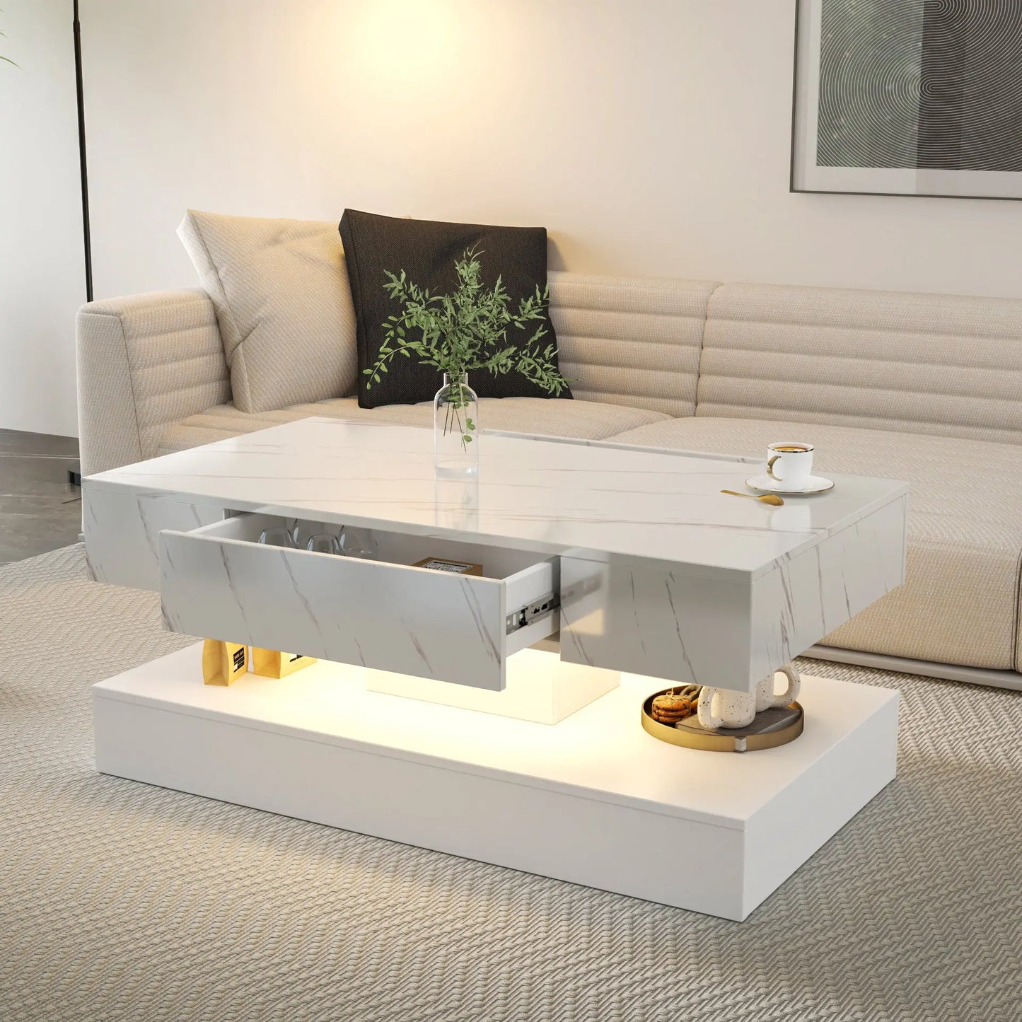Modern Marble-Finish LED Coffee Table with Storage