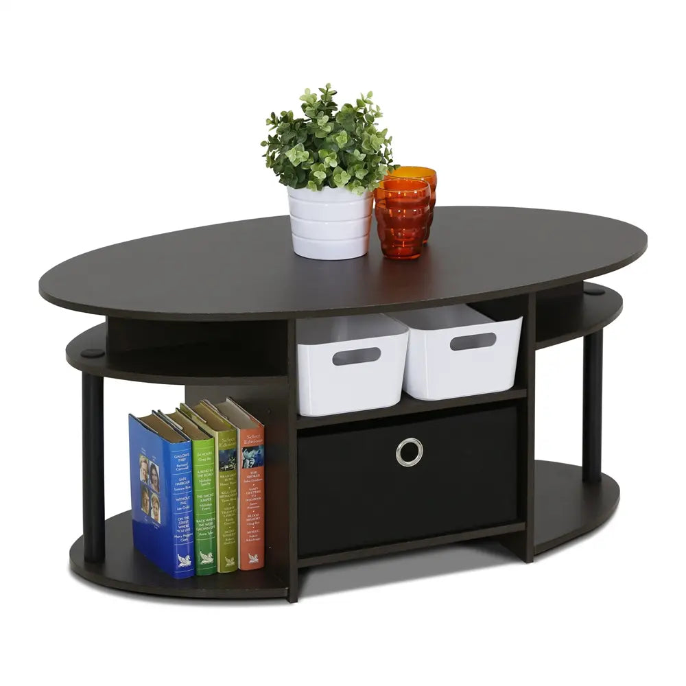 Furinno JAYA Oval Coffee Table with Integrated Storage Bin – Walnut