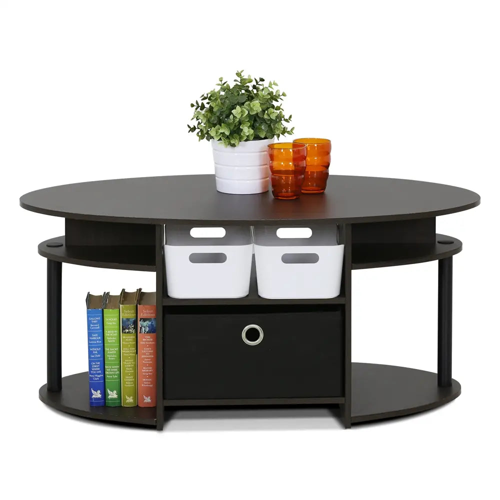 Furinno JAYA Oval Coffee Table with Integrated Storage Bin – Walnut