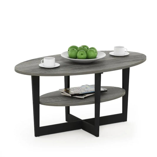 Furinno JAYA Oval Coffee Table – French Oak Grey & Black Modern Center Table