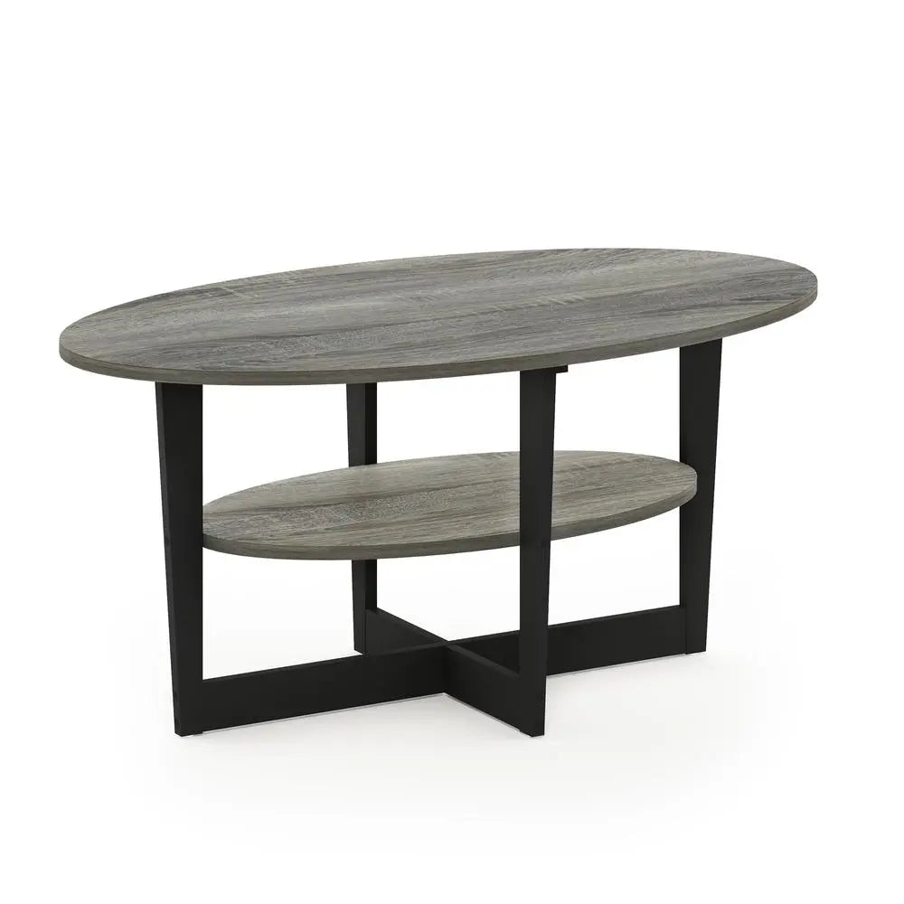 Furinno JAYA Oval Coffee Table – French Oak Grey & Black Modern Center Table