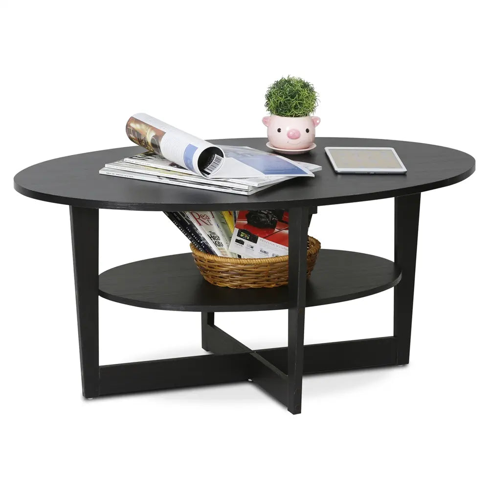 Furinno JAYA Round Coffee Table – Dark Walnut Minimalist Center Table with Shelf