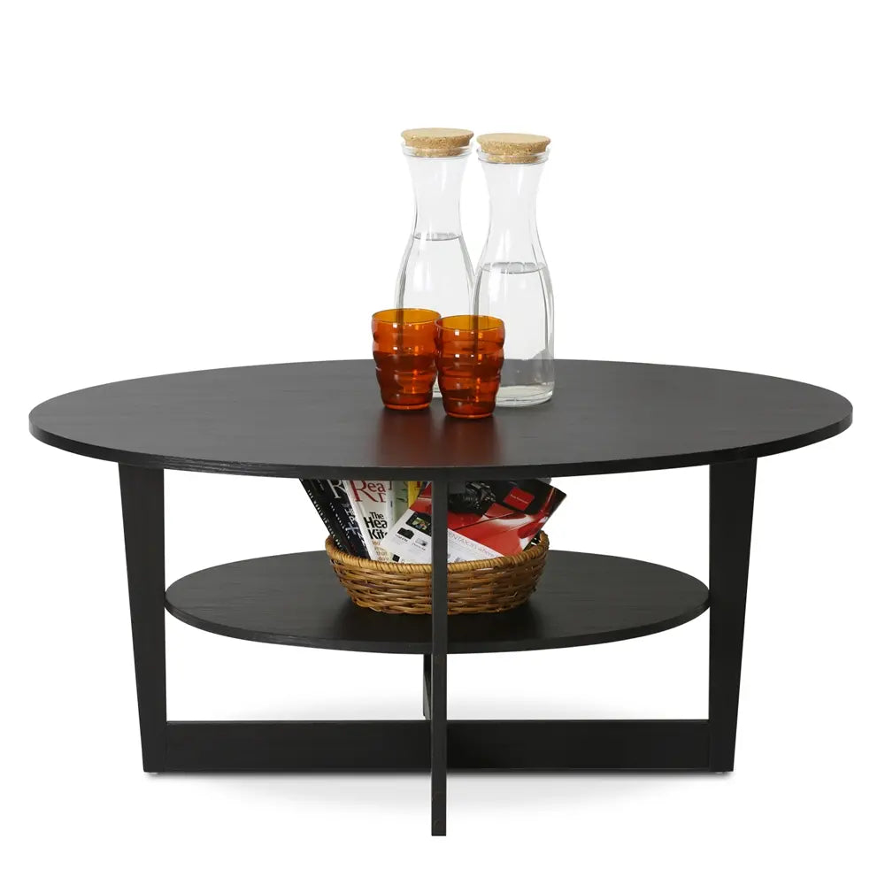 Furinno JAYA Round Coffee Table – Dark Walnut Minimalist Center Table with Shelf