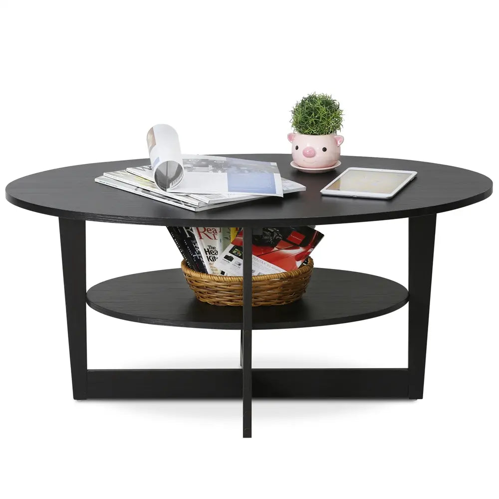 Furinno JAYA Round Coffee Table – Dark Walnut Minimalist Center Table with Shelf