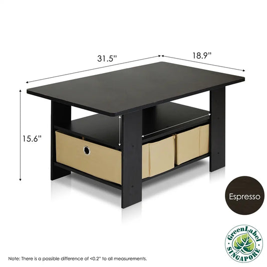 Furinno Modern Coffee Table with Storage Bin Drawer – Espresso & Brown