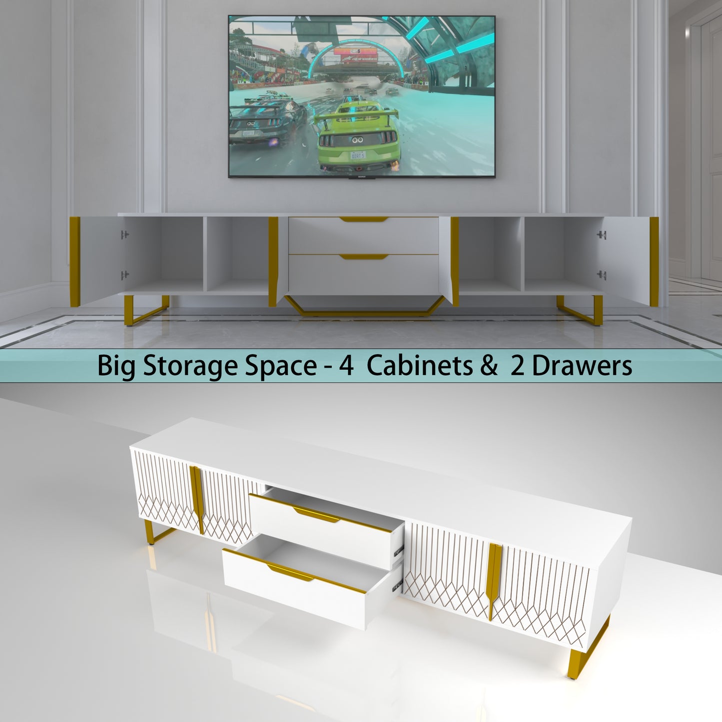 Modern White & Gold TV Console - Carved Cabinet Entertainment Center with Metal Legs (Up to 75" TVs)
