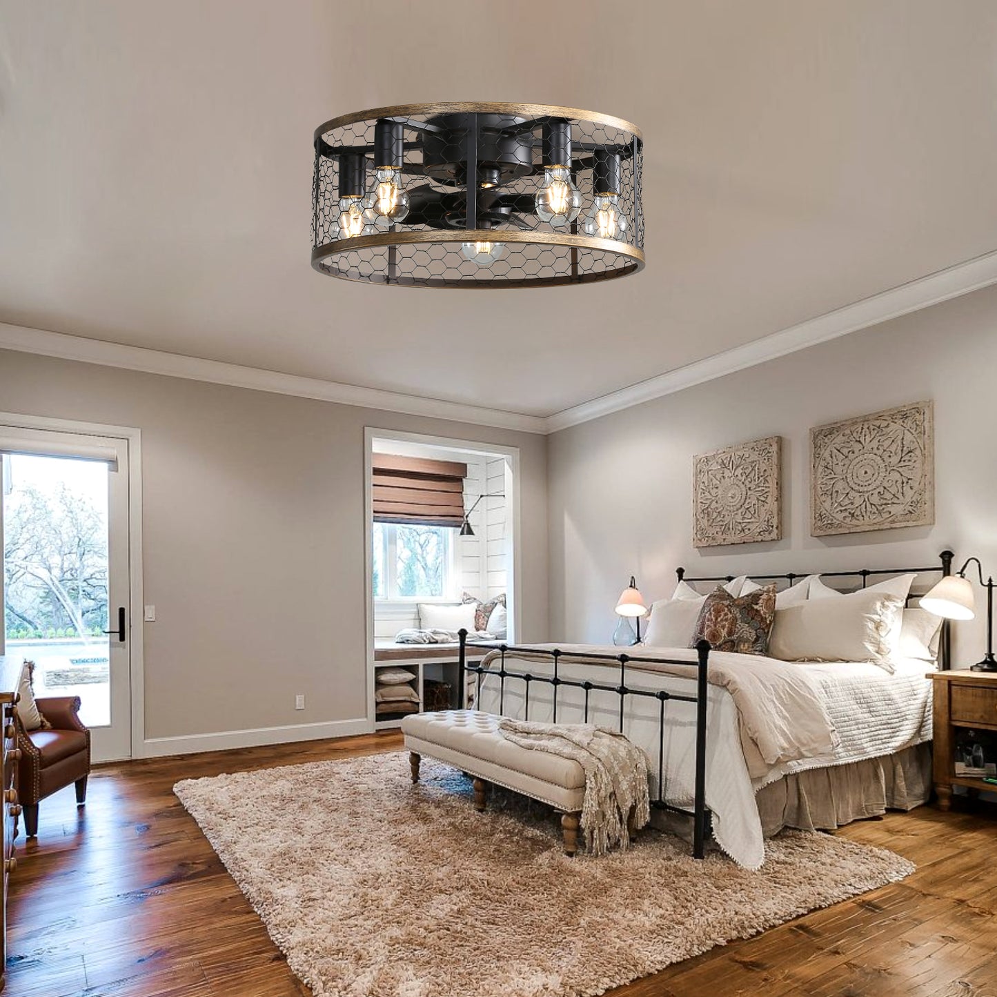 20" Industrial Caged Ceiling Fan with Light - Black Flush Mount, Remote Control, Reversible DC Motor