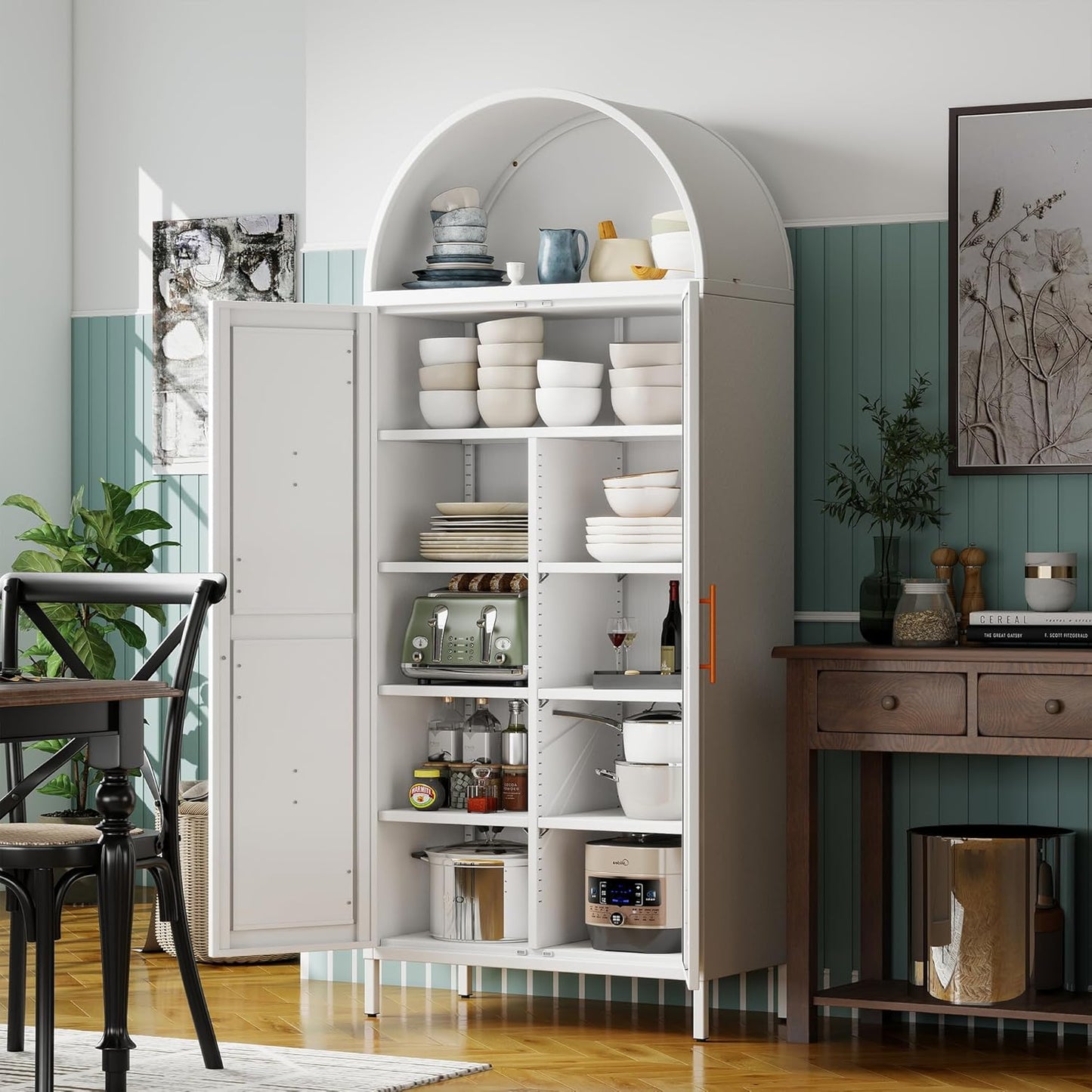 Modern Arched Storage Cabinet with Doors - Tall White Pantry Organizer with Adjustable Shelves | Kitchen, Dining, Bathroom or Living Room