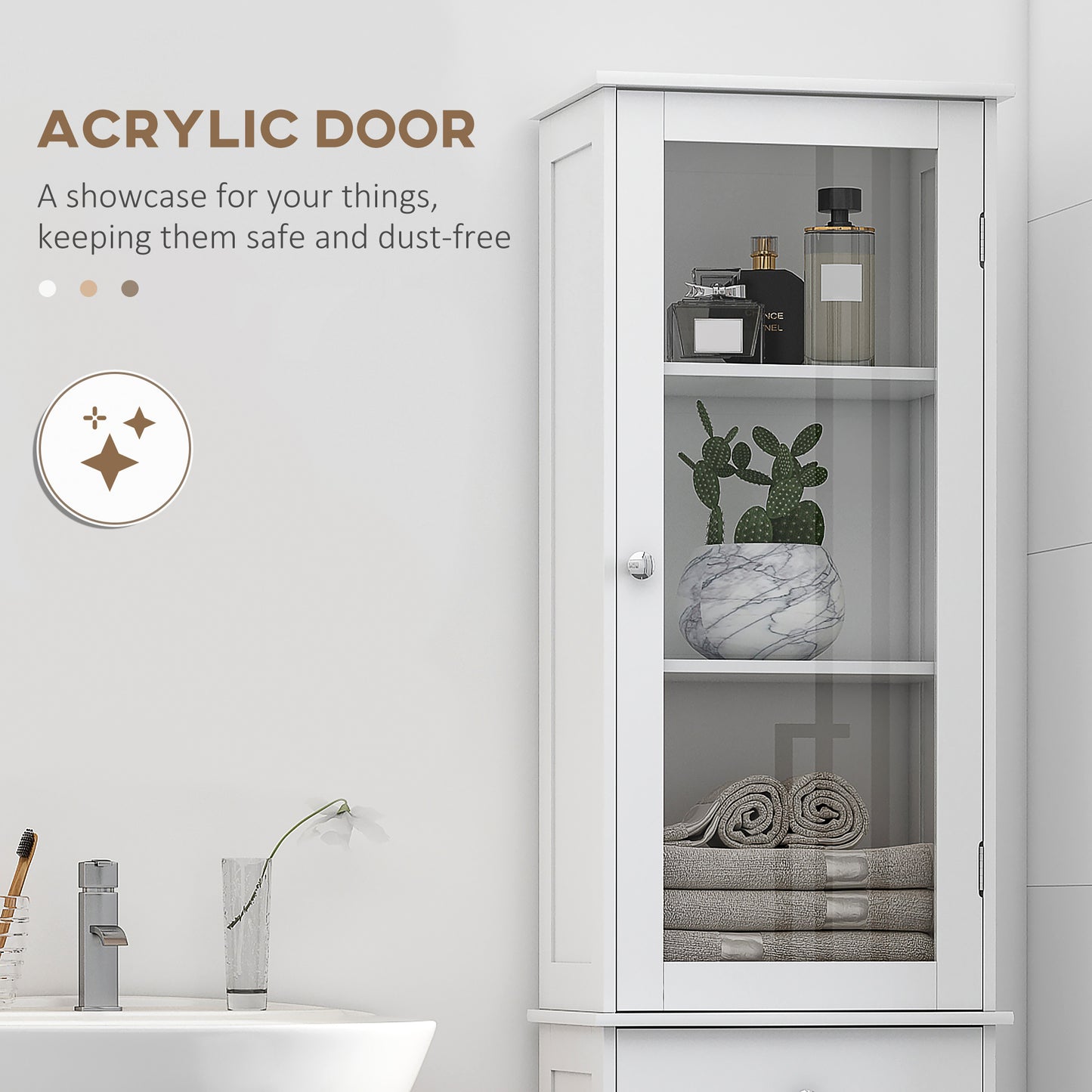 The "Spa-Saver" 67" Slim Linen Tower | Narrow Bathroom Organizer with Acrylic Showcase & Anti-Tip Safety