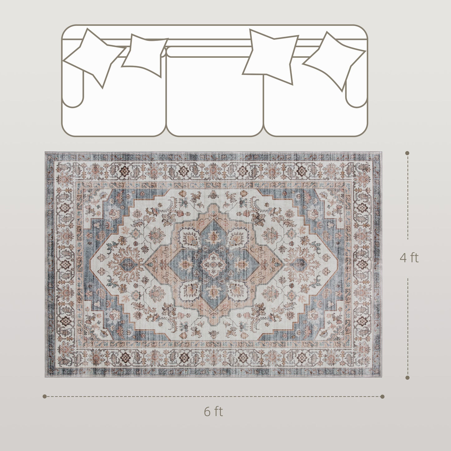 4x6 Vintage Washable Area Rug - Non-Slip Soft Carpet for Living Room, Bedroom & Dining Room (Blue & Beige)