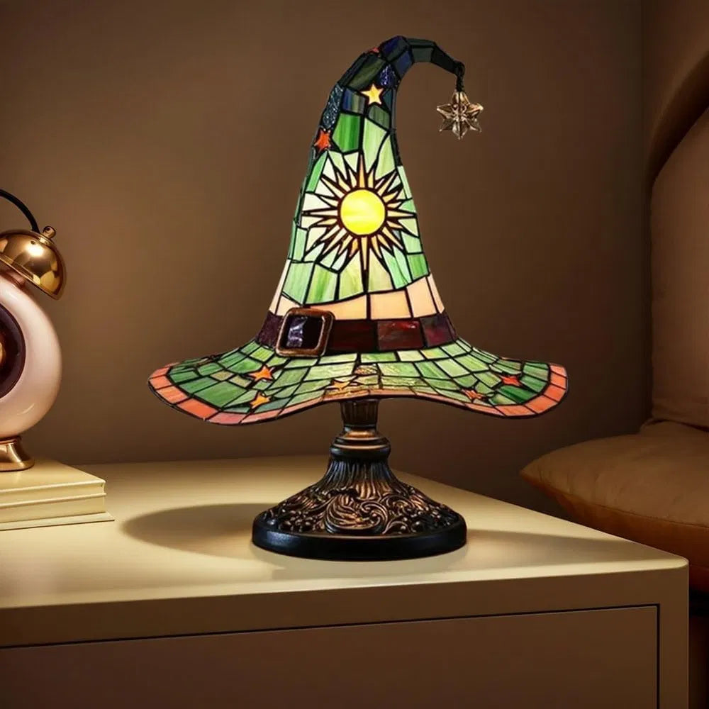 Witch Hat Stained Glass Table Lamp - Gothic Wizard Light, Halloween Decor, Witchy Bedroom Accent Lamp (4 Colors)