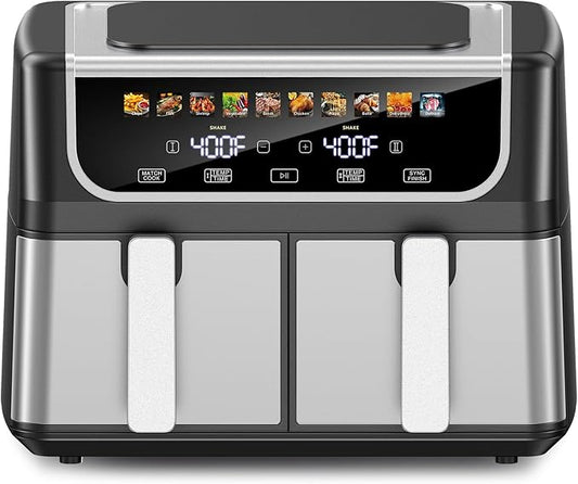 Dual Basket Air Fryer 9.5L - Double Drawer Air Fryer with Independent Temperature Control, Digital Display & 10 Preset Cooking Modes (Black/Gray)