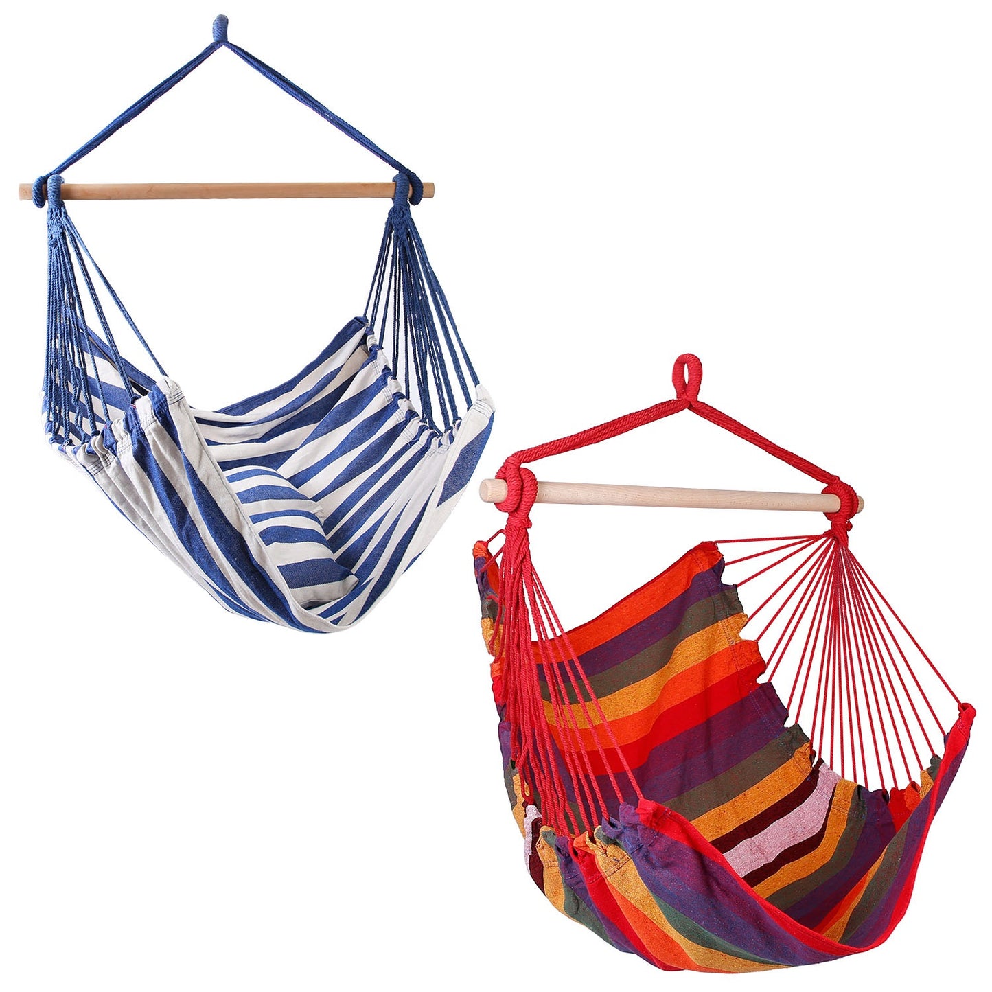 Striped Hanging Hammock Chair with Pillows - Canvas Swing Seat with Wooden Bar, Portable Indoor/Outdoor Rope Chair (Blue/Red)