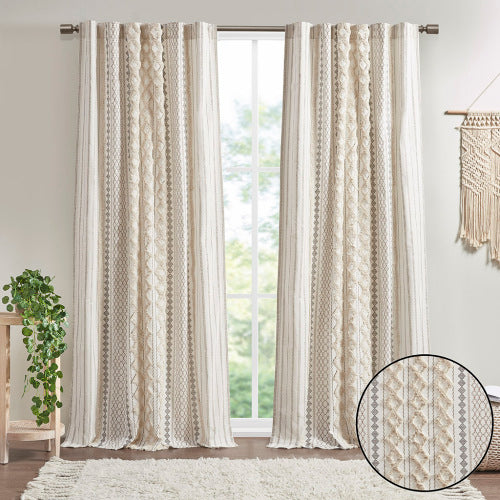 Ivory Boho Cotton Curtain Panel with Chenille Stripe - 50 x 84 Light Filtering Window Curtain (Single Panel)