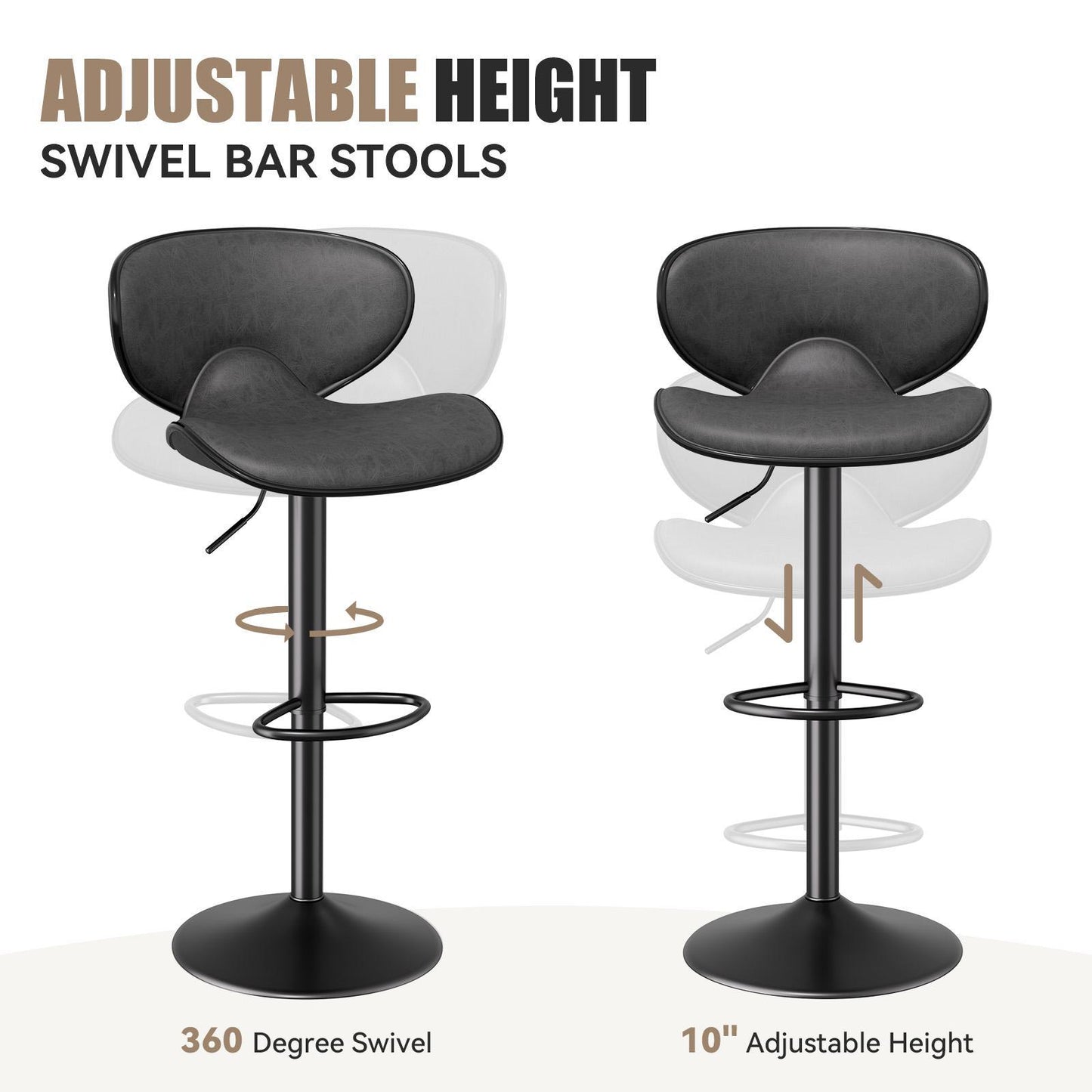 Modern Adjustable Swivel Bar Stools (Set of 2) - Black PU Leather Counter Height Chairs with Backrest & Footrest