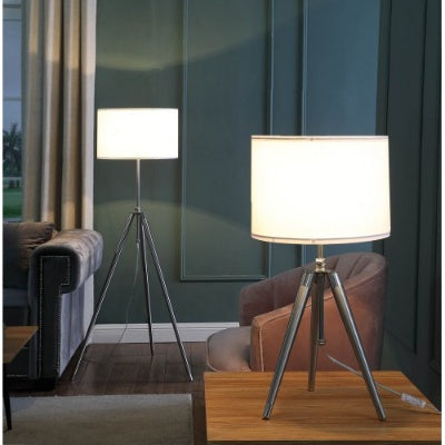 Mid-Century Adjustable Tripod Floor Lamp - Chrome Silver Metal Standing Lamp with Drum Shade, 47" - 64" Height