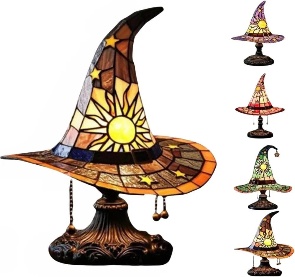 Witch Hat Stained Glass Table Lamp - Gothic Wizard Light, Halloween Decor, Witchy Bedroom Accent Lamp (4 Colors)