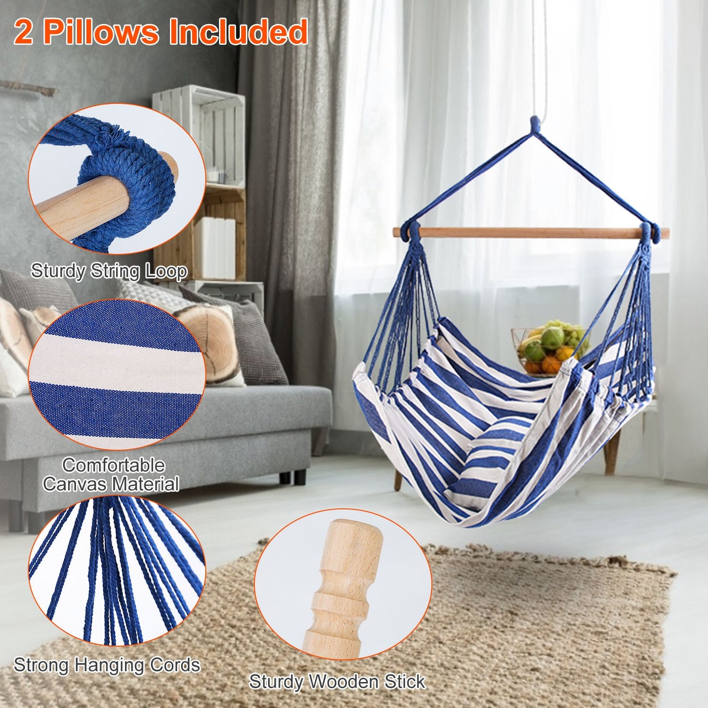 Striped Hanging Hammock Chair with Pillows - Canvas Swing Seat with Wooden Bar, Portable Indoor/Outdoor Rope Chair (Blue/Red)