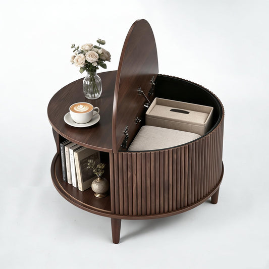 Round Coffee Table with Hidden Storage - Modern Sliding Door & Lift-Top Wood Accent Table for Living Room