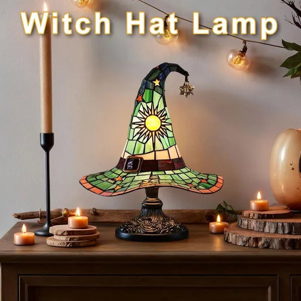 Witch Hat Stained Glass Table Lamp - Gothic Wizard Light, Halloween Decor, Witchy Bedroom Accent Lamp (4 Colors)