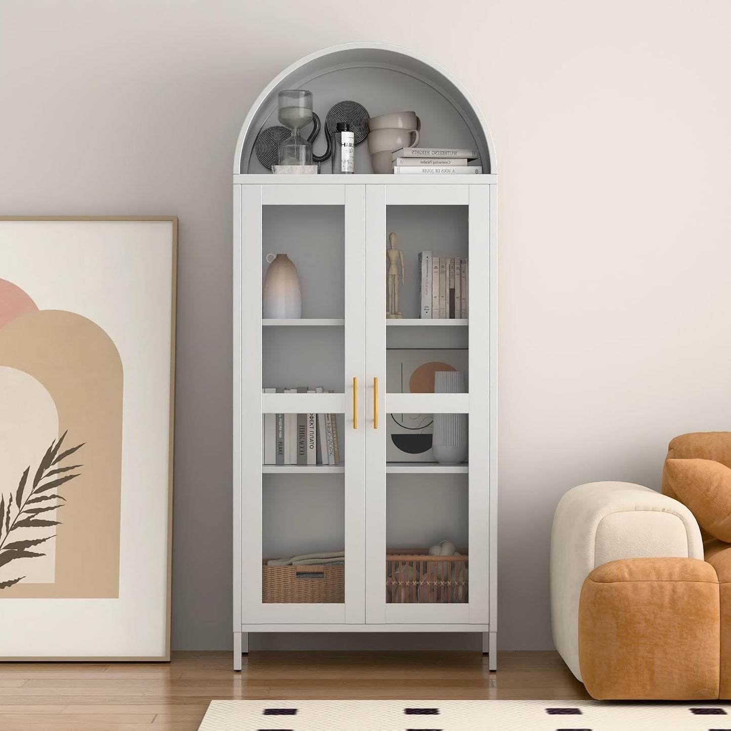 Modern Arched Storage Cabinet with Glass Doors - Tall White Display Pantry Organizer with Adjustable Shelves & Metal Frame