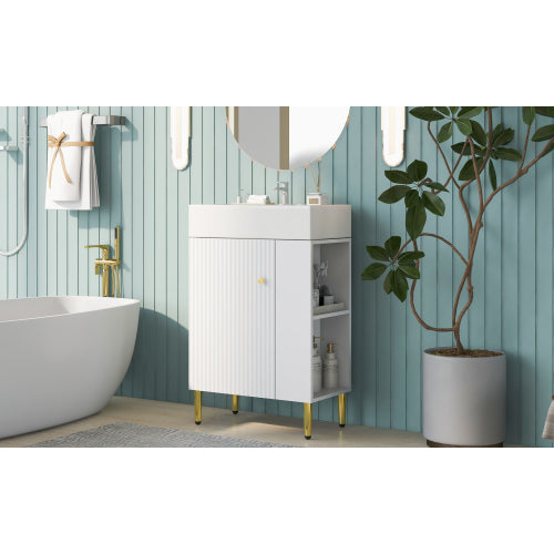 21.6" White Bathroom Vanity with SInk - Compact Storage Cabinet with Gold Accents