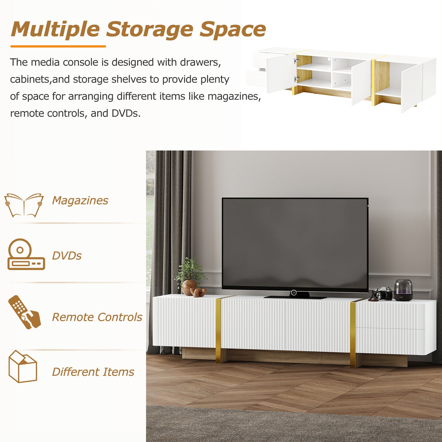 Modern Fluted TV Stand for TVs up to 80" - White Entertainment Center with Storage Cabinets & Drawers | Mid-Century Media Console with Wood Grain Legs
