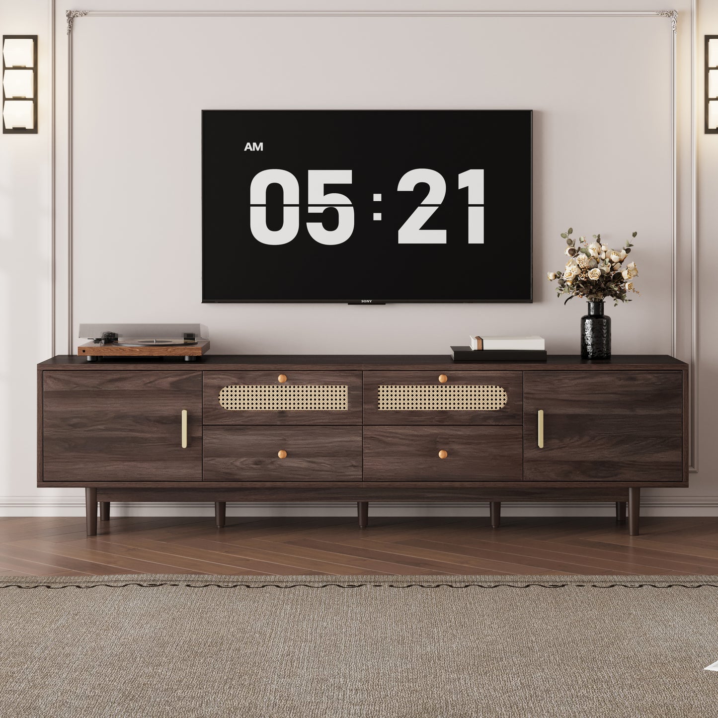 76" Modern TV Stand with Rattan Doors & Drawers - Entertainment Center for TVs up to 85" - Dark Brown Wood Media Console with Storage