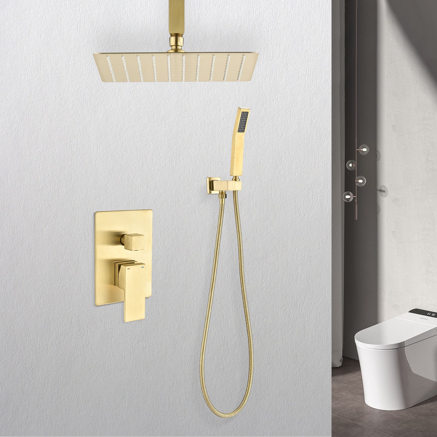12" Ceiling Mount Rainfall Shower System with Handheld - Brushed Gold Luxury Bathroom Fixture Set