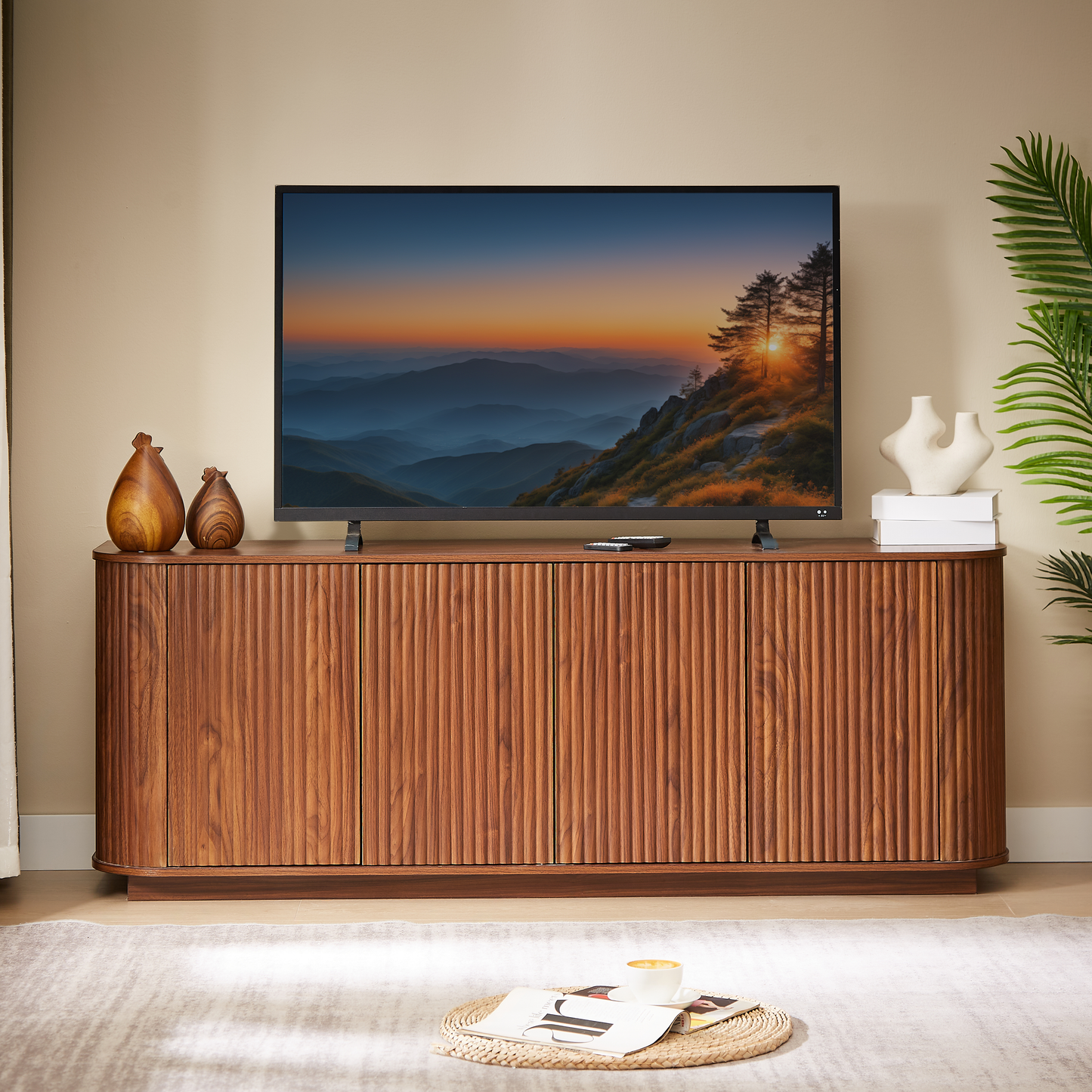 64" Fluted Sideboard Cabinet - Modern Walnut Storage Console for Living Room, Entryway or TV Stand