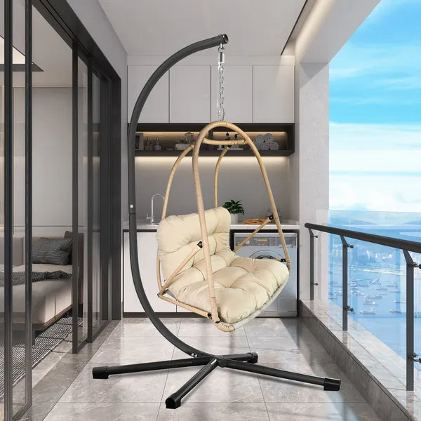 Foldable Egg Swing Chair with Stand - Indoor / Outdoor Hanging Lounge Chair (300 lb capacity, Khaki)