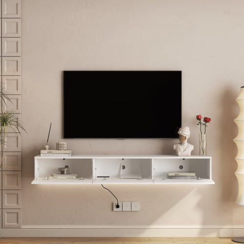 Floating LED TV Stand | 67" Wall Mounted Entertainment Center with Storage & Color Changing Lights (White)