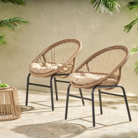 Boho Wicker Patio Chair Set of 2 with Cushions - Indoor/Outdoor Rattan Accent Chairs with Metal Frame, Brown/Beige