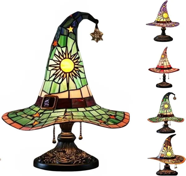 Witch Hat Stained Glass Table Lamp - Gothic Wizard Light, Halloween Decor, Witchy Bedroom Accent Lamp (4 Colors)