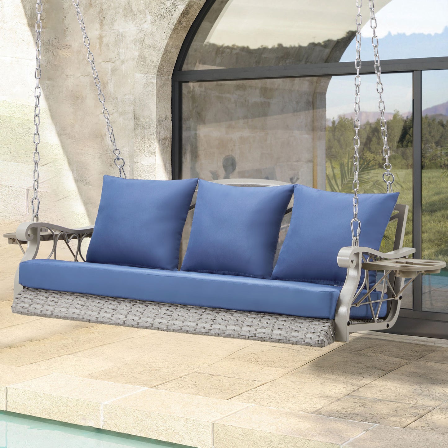 Outdoor Hanging Porch Swing Bench - Woven Rattan 3-Seat Swing with Cushions, Foldable Cup Holders & 900 lb Capacity (Chain Hung)