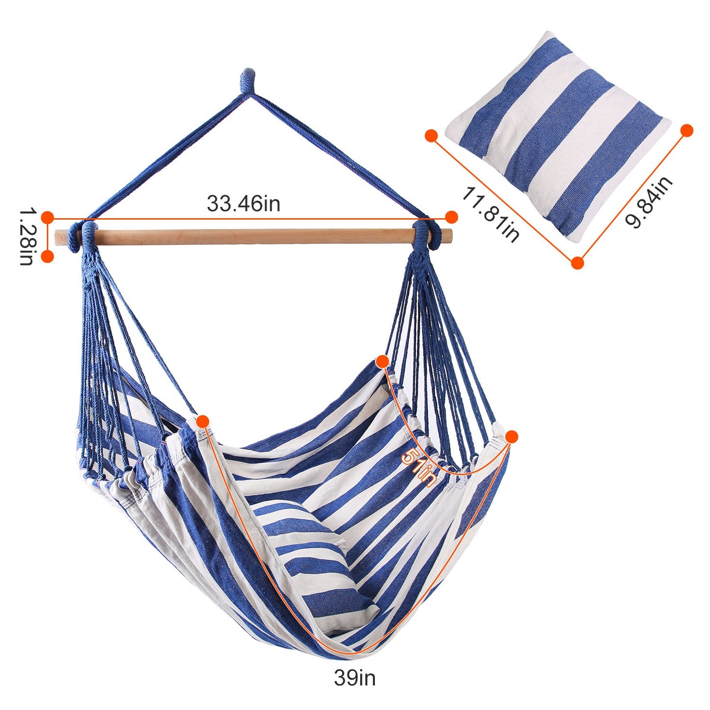 Striped Hanging Hammock Chair with Pillows - Canvas Swing Seat with Wooden Bar, Portable Indoor/Outdoor Rope Chair (Blue/Red)