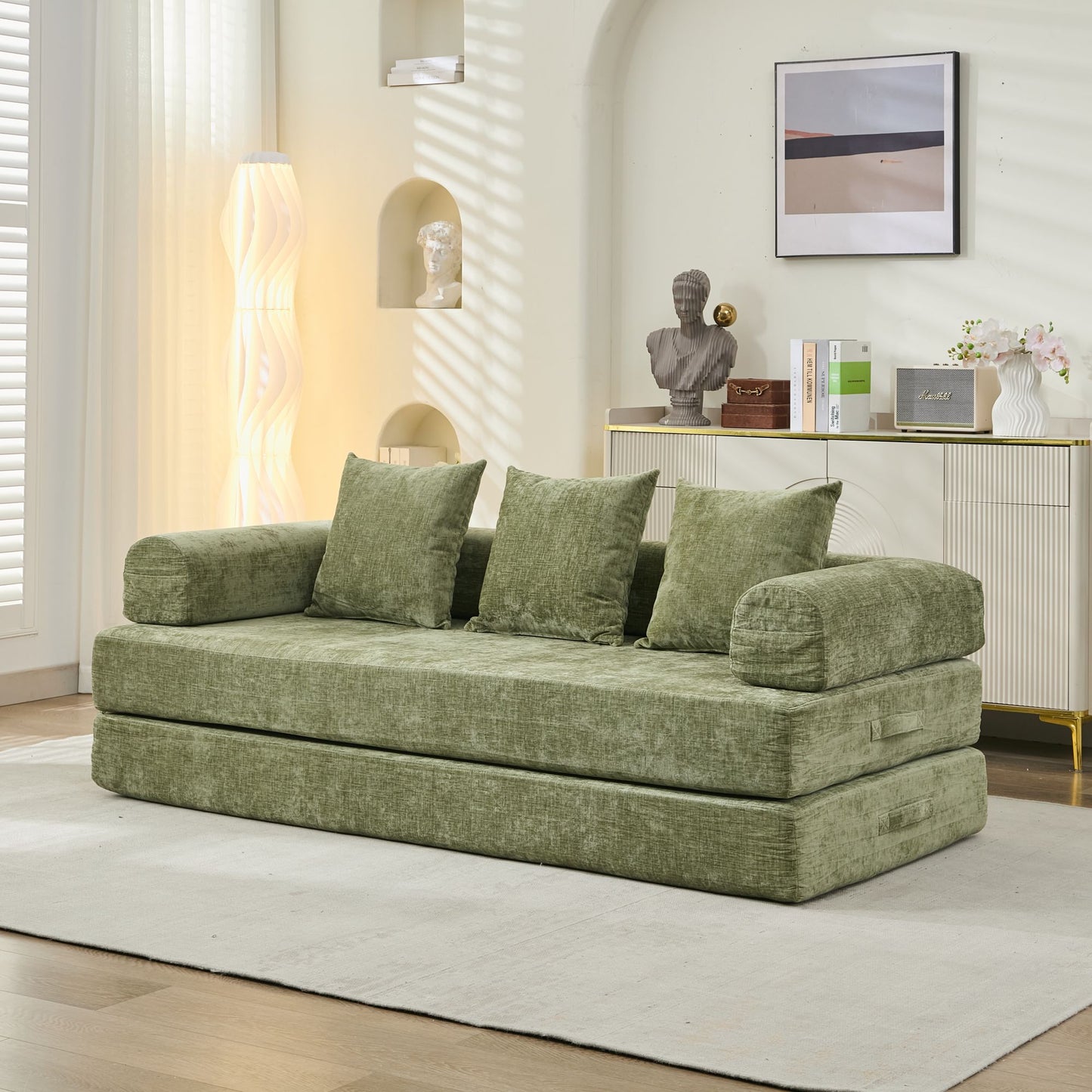Convertible Floor Sofa Bed - Foldable Chenille Couch with Armrests & Pillows, Space-Saving Lounge Sleeper (Green)