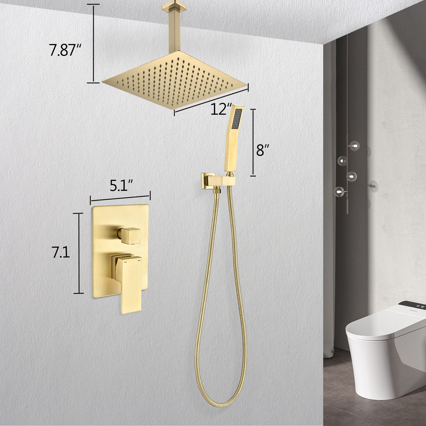 12" Ceiling Mount Rainfall Shower System with Handheld - Brushed Gold Luxury Bathroom Fixture Set