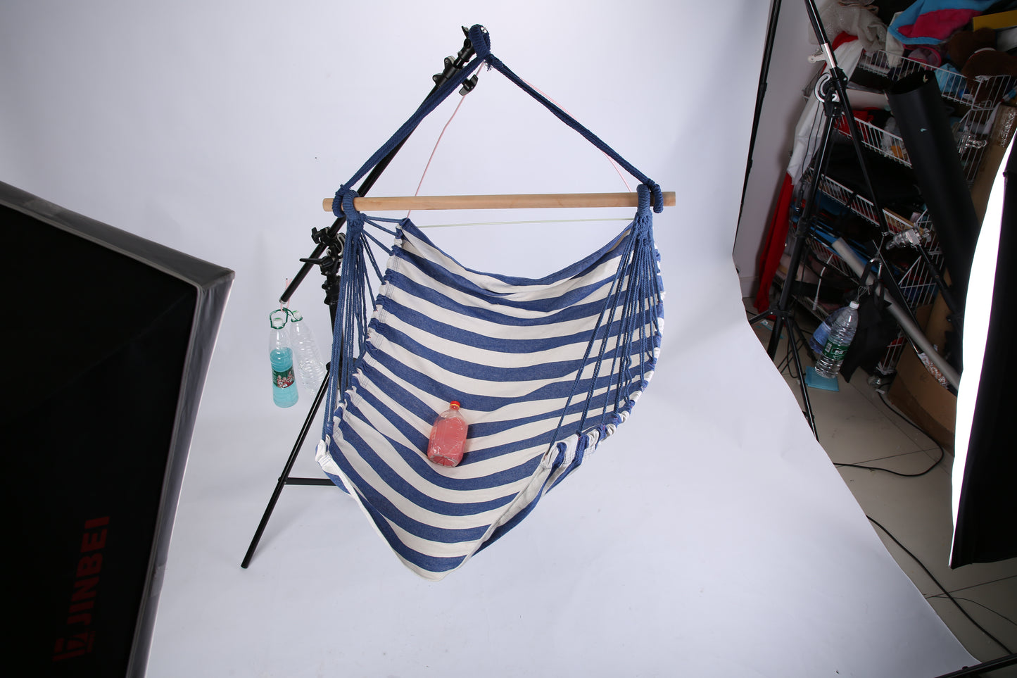 Striped Hanging Hammock Chair with Pillows - Canvas Swing Seat with Wooden Bar, Portable Indoor/Outdoor Rope Chair (Blue/Red)